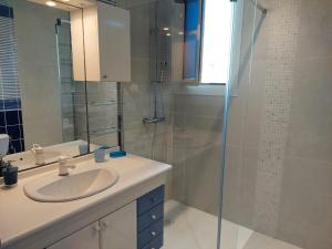 uma casa de banho com um lavatório e uma cabina de duche em vidro. em Résidence Villa Nova em Tiuccia