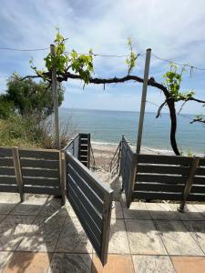 un cancello che conduce alla spiaggia con un albero di Ammoudeli Apartments a Plomari
