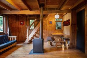 a living room with a wood stove in a cabin at La Baita Conguillio in Conguillio