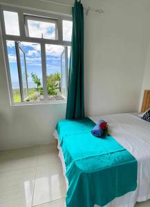 a bedroom with a bed with a blue blanket and a window at La Residence Emmaüs in Rodrigues Island