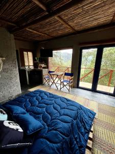 duże niebieskie łóżko w pokoju z oknami w obiekcie Finca Montmagica w mieście Floridablanca