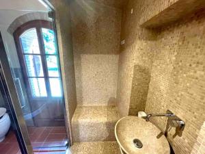 een badkamer met een wastafel en een douche bij Stone house with pool in Montefiridolfi