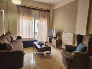 a living room with a couch and chairs and a tv at 'Elia gytheio in Mavrovouni