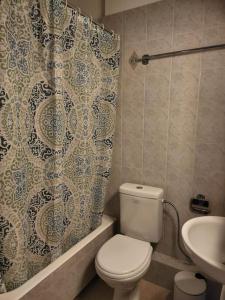 een badkamer met een toilet en een douchegordijn bij 'Elia gytheio in Mavrovoúnion