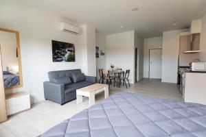 a bedroom and living room with a couch and a table at Apartamentos Rosado in Segovia