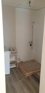 a room with a shower and a bed in a room at Simple family apartment in Liepāja