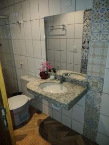a bathroom with a sink and a toilet at Ayo Bistrô Pousada in Marau