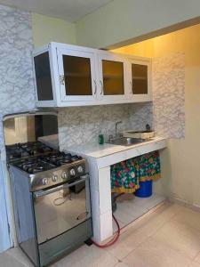 a kitchen with a stove and a sink at apartaestudio santo domingo a 40 minutos playa. in Los Tres Brazos