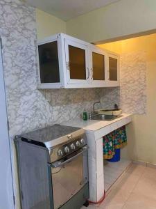 a small kitchen with a stove and a sink at apartaestudio santo domingo a 40 minutos playa. in Los Tres Brazos