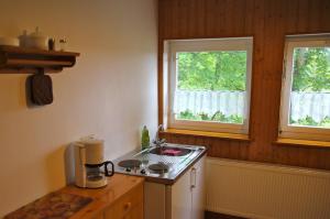 a small kitchen with a stove and two windows at Pension Haus Pentacon in Kurort Altenberg