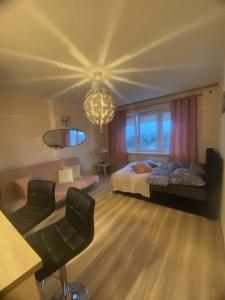 a large room with two beds and a chandelier at Studio Gdańsk Śródmieście in Gdańsk +3 photos
