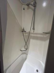 baño blanco con ducha y lavamanos en Kreiner 12 Apartment, en Viena
