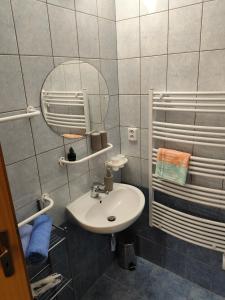uma casa de banho com um lavatório e um espelho em Apartmán LUCKA em Donovaly