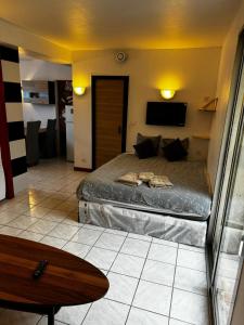 ein Schlafzimmer mit einem großen Bett in einem Zimmer in der Unterkunft Rêves de vie Studio avec terrasse le Figuerolles in Cassis