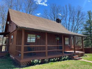 AlbanyAthens and Albany's Hillside Haven的一间带门廊的小木屋，屋顶上有一只狗