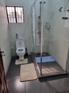 uma casa de banho com um chuveiro e um WC. em AJALA Lodge em Badagry