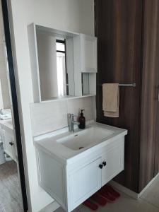 La salle de bains est pourvue d'un lavabo blanc et d'un miroir. dans l'établissement Eden Homes - NEAR JKIA & SGR, à Nairobi