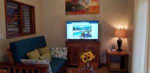 a living room with a couch and a television at Sapphire Beach Condo in San Pedro