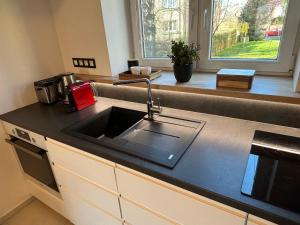 a kitchen with a sink and a counter top at Apartman Relax in Zvolen