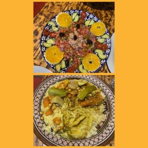 a collage of three pictures of a plate of food at Casa Mona in Merzouga