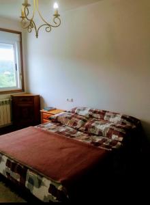 a bedroom with a bed and a window and a chandelier at PISO DEL PARQUE 2 in Santiago de Compostela