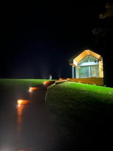 a house on a grassy hill at night at Villa PANACEA in Lazdijai