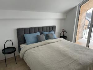 a white bedroom with a large bed with blue pillows at Villa PANACEA in Lazdijai