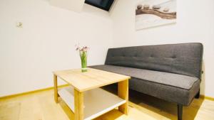 un sofá y una mesa con un jarrón de flores en Family Apartment in Praterstern Area DW19, en Viena
