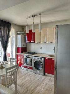 Fancy Apartament Promenada Mall في كرايوفا: مطبخ مع دواليب حمراء وغسالة ملابس