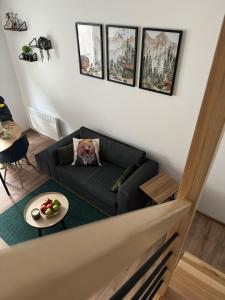 a living room with a black couch and a table at Na Kamieńcu domki in Rzyki