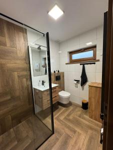 a bathroom with a shower and a toilet and a sink at Na Kamieńcu domki in Rzyki