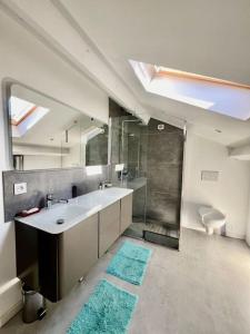 ein großes Bad mit einem Waschbecken und einer Dusche in der Unterkunft Villa Lilou*50m de la plage in Le Pradet