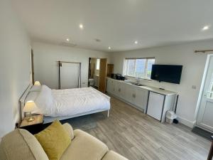 a bedroom with a bed and a tv and a couch at Large New Studio Apartment and Hot Tub - Private Hideaway in the Brecon Beacons in Bwlch