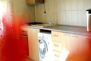 een keuken met een wasmachine en een wastafel bij Casa Cri și Ramo in Bradu