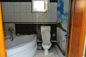 een badkamer met een toilet, een bad en een raam bij Casa Cri și Ramo in Bradu