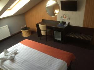 Habitación de hotel con cama, escritorio y espejo. en Hotel Slavie, en Cheb