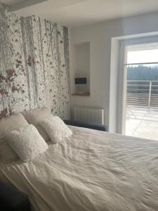 um quarto com uma cama com almofadas e uma janela em Beau duplex vue sur le Lac Blanc em Orbey