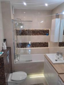 Słońce Bemowa في وارسو: حمام مع دش ومرحاض ومغسلة +14 صورة