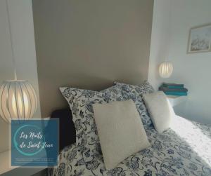 łóżko z niebiesko-białą kołdrą i 2 poduszkami w obiekcie Les Nuits de Saint Jean w mieście Saint-Jean-Saint-Maurice-sur-Loire