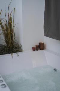 a bathtub with two plants in a room at Stylish apt w Jacuzzi, 10 min to White Tower in Thessaloniki