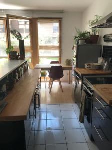 a kitchen with a counter and a table in it at Arena Bercy JO - Paris Est - 3p lumineux terrasse in Montreuil