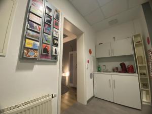 a kitchen with white cabinets and a counter top at Studio 2 mit Gemeinschaftsräumen, Tiefgarage in Leipzig