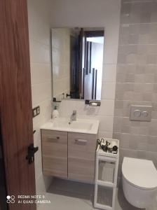 uma casa de banho com um lavatório, um WC e um espelho. em Cammar Appartement em Kenitra