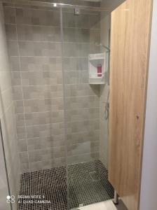 W łazience znajduje się prysznic ze szklanymi drzwiami. w obiekcie Cammar Appartement w mieście Kenitra