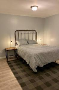een slaapkamer met een bed en twee lampen op een tafel bij Wildflower Place- Pet Friendly in Morristown