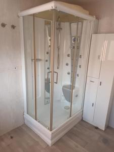 um armário de vidro com um chuveiro num quarto em Precioso chalet de lujo em Boadilla del Monte