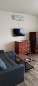 uma sala de estar com um sofá e uma mesa em Stadion Apartman em Eger