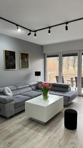 uma sala de estar com um sofá e uma mesa em Apartament Lux SunRise em Żywiec