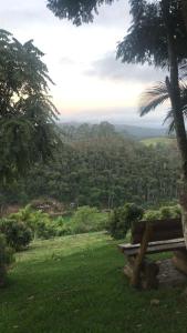 佩德拉阿祖爾的住宿－Sítio por do Sol - Pedra Azul - ES，坐在郁郁葱葱的绿色田野顶上的长椅