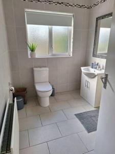 baño con aseo y lavabo y ventana en 'Grange Hideaway' Town Centre (Sleeps 6), en Omagh